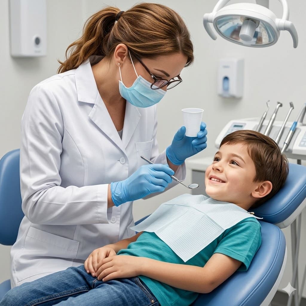 Dentist performing a routine cleaning in a relaxed setting