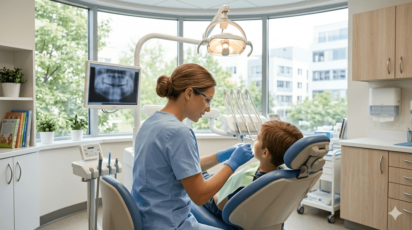 Friendly dentist with a young patient in a bright, modern clinic